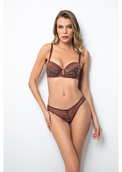 Dolgusuz Dantelli Taş Detaylı Leopar Desenli Sütyen Takım modelleri