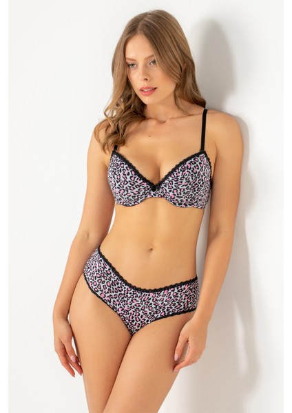 Push-Up Dolgulu Leopar Desenli Viskon Sütyen Takım