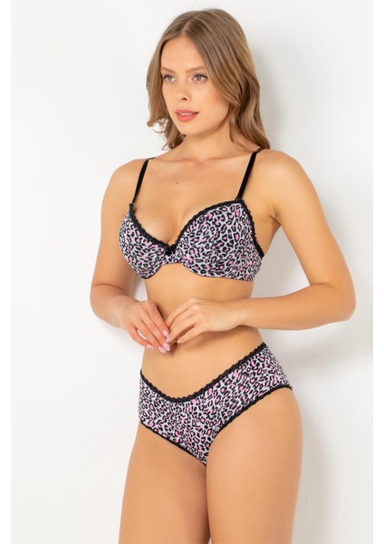 Push-Up Dolgulu Leopar Desenli Viskon Sütyen Takım