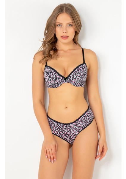 Push-Up Dolgulu Leopar Desenli Viskon Sütyen Takım
