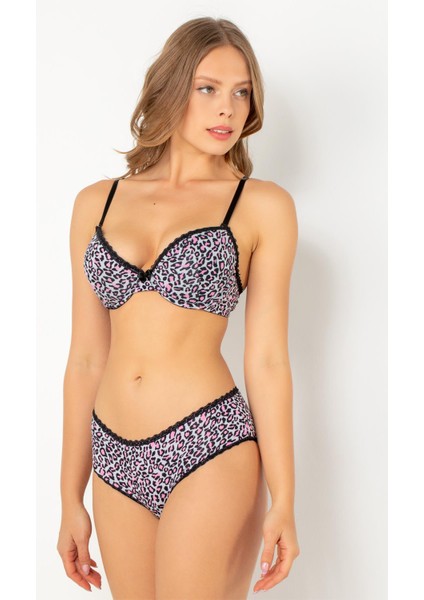 Push-Up Dolgulu Leopar Desenli Viskon Sütyen Takım