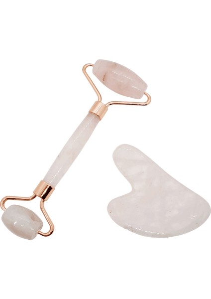 Pembe Kuvars Masaj Taşı Roller ve Pembe Kuvars Taşı Gua Sha (Kalp Tasarımlı) Set