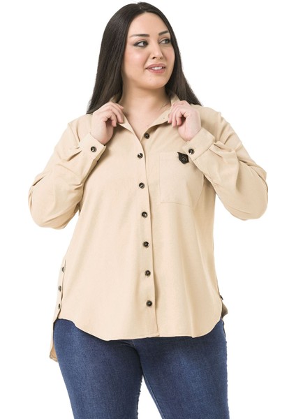 Büyük Beden Deri Cep Kapaklı Yanları Açılabilir Düğme Detaylı Arkası Uzun Bej Rengi Gömlek