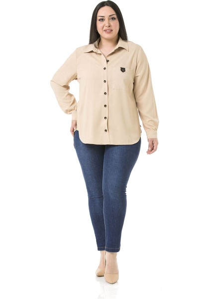 Büyük Beden Deri Cep Kapaklı Yanları Açılabilir Düğme Detaylı Arkası Uzun Bej Rengi Gömlek fiyatları