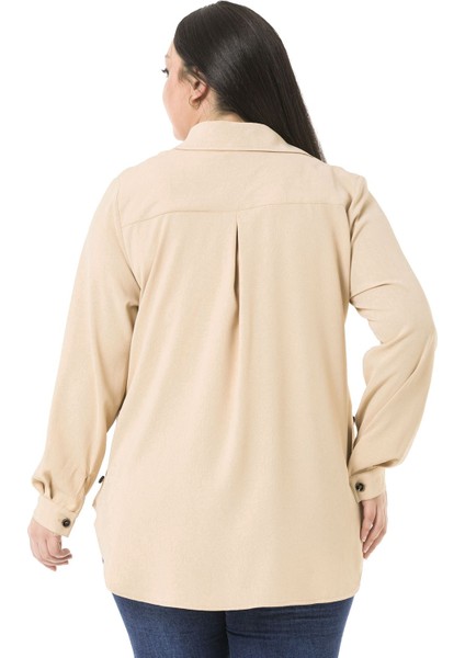 Büyük Beden Deri Cep Kapaklı Yanları Açılabilir Düğme Detaylı Arkası Uzun Bej Rengi Gömlek modelleri