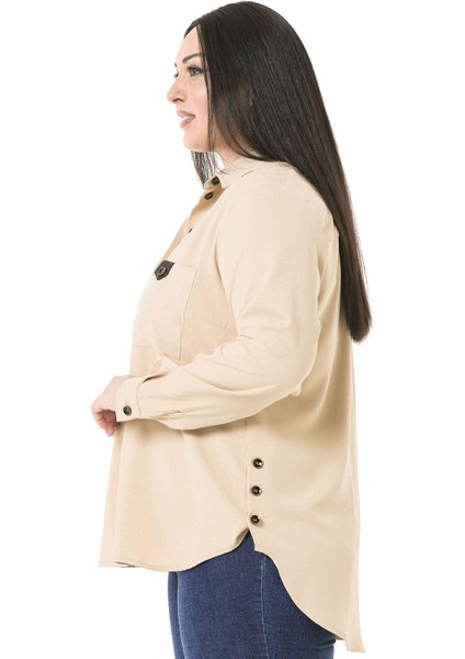 Büyük Beden Deri Cep Kapaklı Yanları Açılabilir Düğme Detaylı Arkası Uzun Bej Rengi Gömlek fırsatları