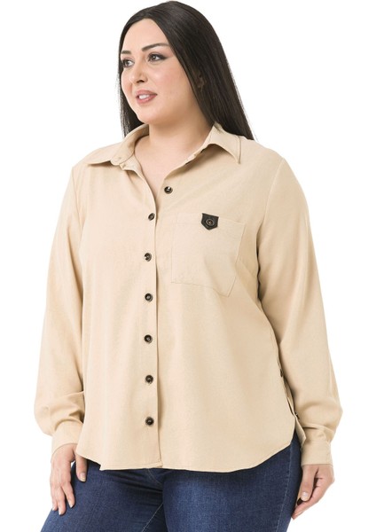 Büyük Beden Deri Cep Kapaklı Yanları Açılabilir Düğme Detaylı Arkası Uzun Bej Rengi Gömlek indirimleri