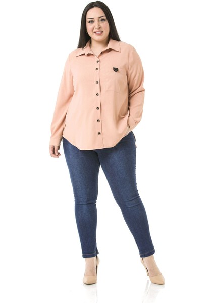 Büyük Beden Deri Cep Kapaklı Yanları Açılabilir Düğme Detaylı Arkası Uzun Somon Gömlek fiyatları