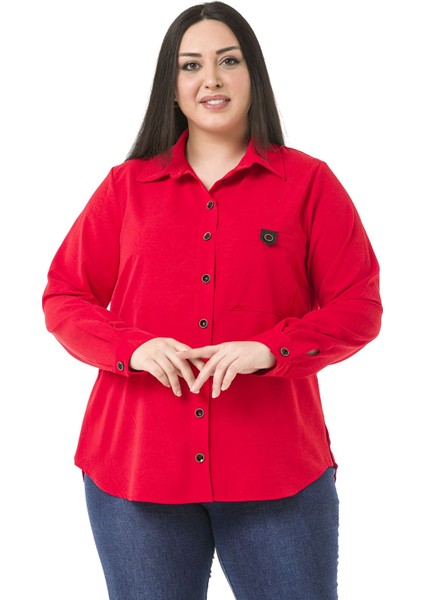 Büyük Beden Deri Cep Kapaklı Yanları Açılabilir Düğme Detaylı Arkası Uzun Kırmızı Gömlek