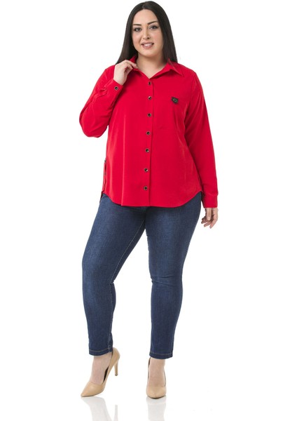 Büyük Beden Deri Cep Kapaklı Yanları Açılabilir Düğme Detaylı Arkası Uzun Kırmızı Gömlek fiyatları