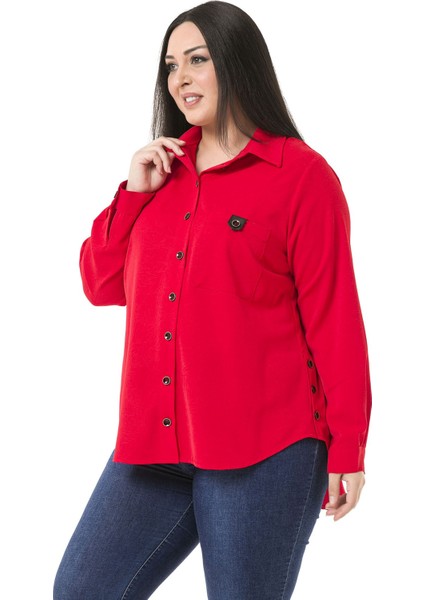 Büyük Beden Deri Cep Kapaklı Yanları Açılabilir Düğme Detaylı Arkası Uzun Kırmızı Gömlek fırsatları