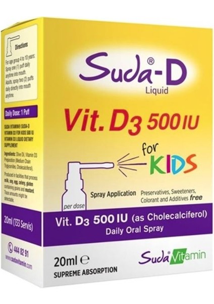 Suda-D Vitamin D3 500'Iu Çocuklar Için Günlük Oral Sprey 20 ml