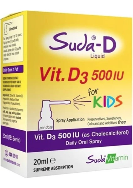 Suda Vitamin Suda-D Vitamin D3 500'Iu Çocuklar Için Günlük Oral Sprey 20 ml