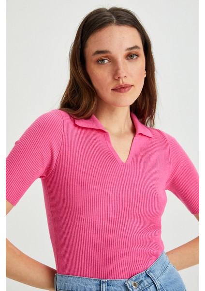 Kadın Polo Yaka Kısa Kol Basic Triko Bluz