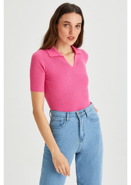Kadın Polo Yaka Kısa Kol Basic Triko Bluz modelleri