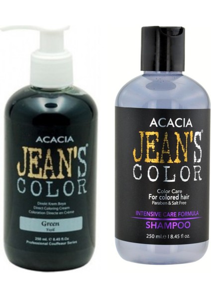 Acacia Jeans Color Boya Koruyucu Şampuan 250 ml ve Renkli Saç Boyası Yeşil 250 ml