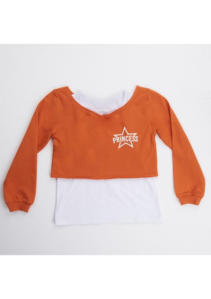 Organik Kız Çocuk Crop Atletli Sweat-Shirt - Turuncu