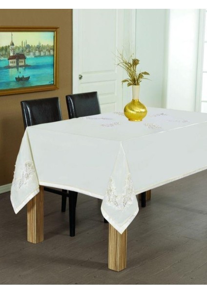 Anjelica Lüx İncili Dantelli Monoray Kumaş Krem Masa Örtüsü Dikdörtgen 170x330 cm - 1021