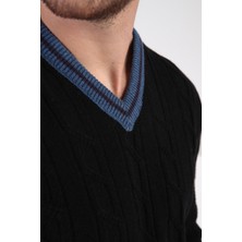 Ferraro Siyah/indigo V Yaka %100 Kuzu Yünü Erkek Kazak