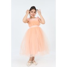 Kız Çocuk Tül Kumaş Kupür İşlemeli Astarlı Zarif Gece Mezuniyet Düğün Abiye Elbise-ABY-0009