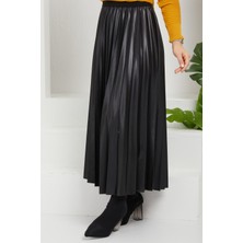 İmaj Butik Piliseli Deri Görünümlü Etek/siyah
