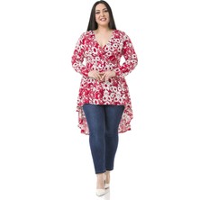 Disentis Modest Büyük Beden Kruvaze Kol Ağzı Lastikli Arkadan Fermuarlı Arkası Uzun Çiçekli Kırmızı Tunik