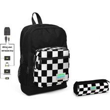 Coral High Siyah Damalı Ilkokul Sırt Çantası ve Kalemlik Seti - Erkek Çocuk - USB Soketli