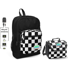 Coral High Siyah Damalı Okul Çantası ve Beslenme Çantası Seti - Erkek Çocuk - USB Soketli