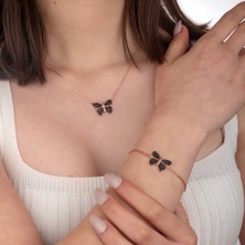 Miavi Silver 925 Ayar Gümüş Siyah Taşlı Kelebek Kolye Bileklik Takı Seti