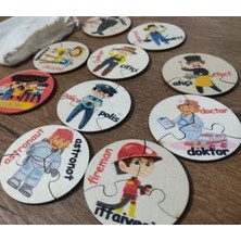 Türkçe Ingilizce Meslekler Ahşap Renkli Puzzle 9 Araç 27 Parça