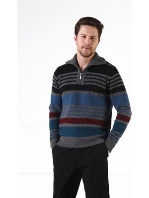 Ferraro Füme Fermuarlı Dik Yaka %100 Kuzu Yünü Erkek Kazak