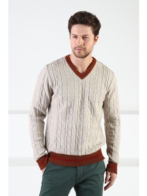 Ferraro A.bej/taba V Yaka %100 Kuzu Yünü Erkek Kazak