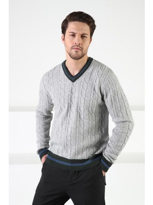 Ferraro A.gri/haki V Yaka %100 Kuzu Yünü Erkek Kazak