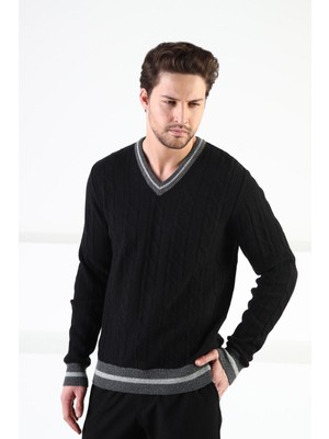 Ferraro Siyah/füme V Yaka %100 Kuzu Yünü Erkek Kazak