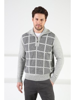 Ferraro A.gri Kare Desenli Dik Yaka %100 Kuzu Yünü Erkek Kazak