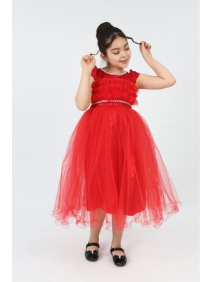 Kız Çocuk Tül Kumaş Kupür İşlemeli Astarlı Zarif Gece Mezuniyet Düğün Abiye Elbise-ABY-0009