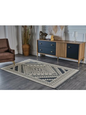 Gümüşsuyu  Deco Delta 12160 Dekoratif Iskandinav Desenli Saçaklı Mavi Modern Yüksek Kalite Kilim Polllini Halı