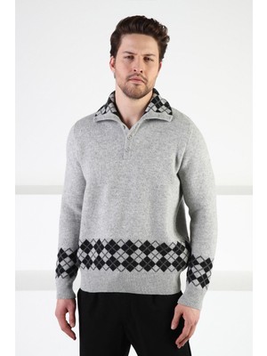 Ferraro A.gri Düğmeli Dik Yaka %100 Kuzu Yünü Erkek Kazak