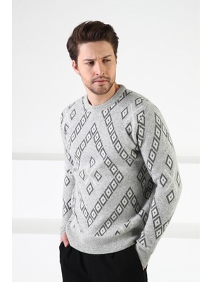 Ferraro A.gri Kare Desenli Bisiklet Yaka %100 Kuzu Yünü Erkek Kazak