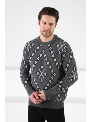 Ferraro Füme Kare Desenli Bisiklet Yaka %100 Kuzu Yünü Erkek Kazak
