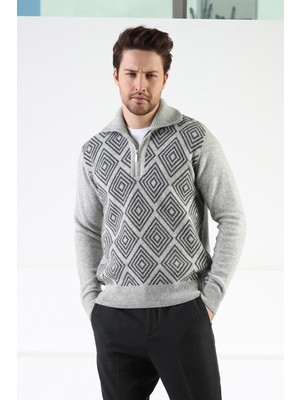 Ferraro A.gri Kare Desenli Dik Yaka %100 Kuzu Yünü Erkek Kazak