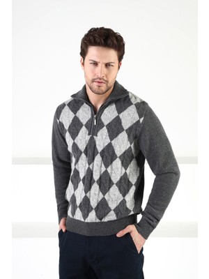 Ferraro Füme Baklava Desenli Dik Yaka %100 Kuzu Yünü Erkek Kazak