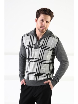 Ferraro Füme Fermuarlı Dik Yaka %100 Kuzu Yünü Erkek Kazak