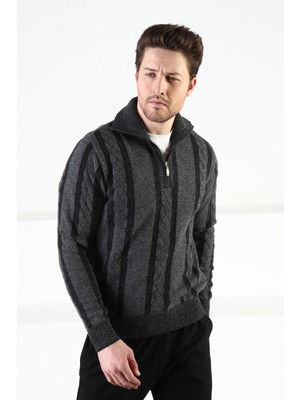 Ferraro Füme Örgü Desenli Dik Yaka %100 Kuzu Yünü Erkek Kazak
