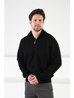 Ferraro Siyah Kendinden Desenli Dik Yaka %100 Kuzu Yünü Erkek Kazak