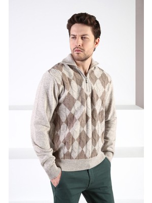 Ferraro A.bej Baklava Desenli Dik Yaka %100 Kuzu Yünü Erkek Kazak