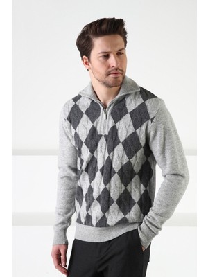 Ferraro A.gri Baklava Desenli Dik Yaka %100 Kuzu Yünü Erkek Kazak