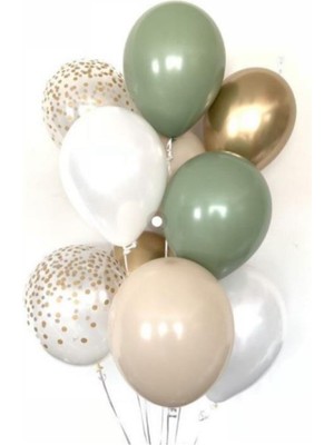 Best Parti Küf Yeşili -Beyaz-Ten Rengi-Krom Gold-Konfetili Şeffaf Balon Demeti