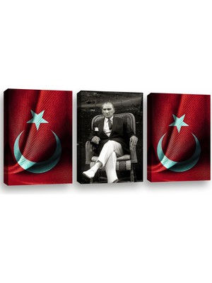 Reklam Ofisi Mustafa Kemal Atatürk,türk Bayrağı 3 Parçalı Kanvas Tablo