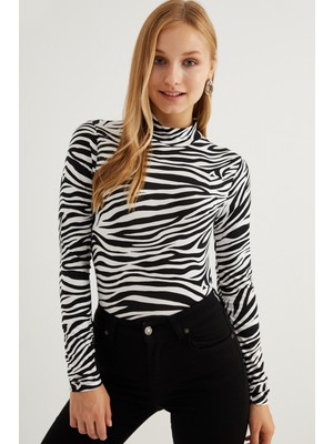 BiPantolon Kadın Siyah Zebra Desenli Body